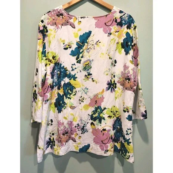 New Multicolor Floral Linen Blend V Neck 3/4 Sleeve Tunic Top Sz 2X - Picture 5 of 6